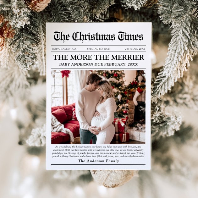 Pregnancy christmas card - Pink Dramatic personalized gifts for you Newspaper unique more the merrier baby christmas holiday card