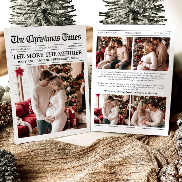 Pregnancy christmas card - Pink Dramatic personalized gifts for you Newspaper unique more the merrier baby christmas holiday card