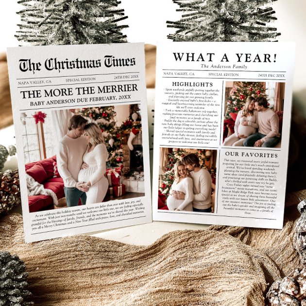 Pregnancy christmas card - Pink Dramatic personalized gifts for you Newspaper unique more the merrier baby christmas holiday card