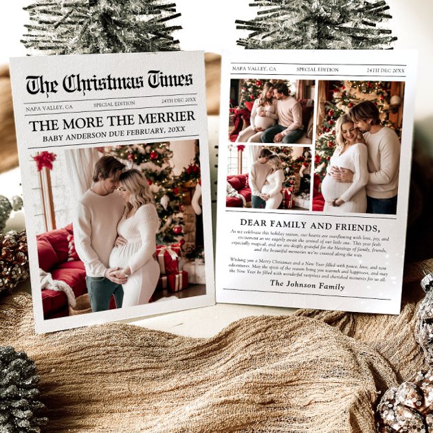 Pregnancy christmas card - Pink Dramatic personalized gifts for you Newspaper unique more the merrier baby christmas holiday card
