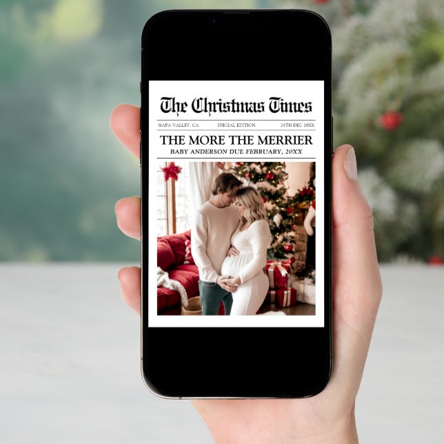 Newspaper Unique More the Merrier Baby Christmas Holiday Card (Front Digital)