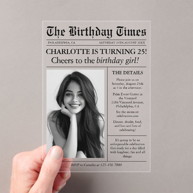 Newspaper Unique Photo 25th Birthday Acrylic Invitations (Insitu (Handheld))