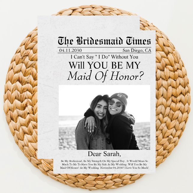 Newspaper Unique Photo Maid of Honor Proposal Invitation (Creator Uploaded)