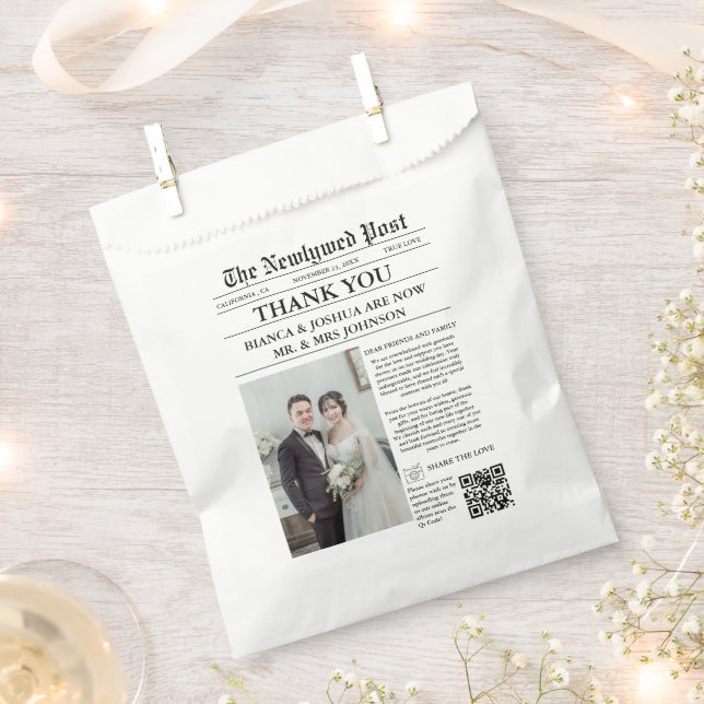 Newspaper Unique Photo Wedding Thank You  Favor Bag (Clipped)