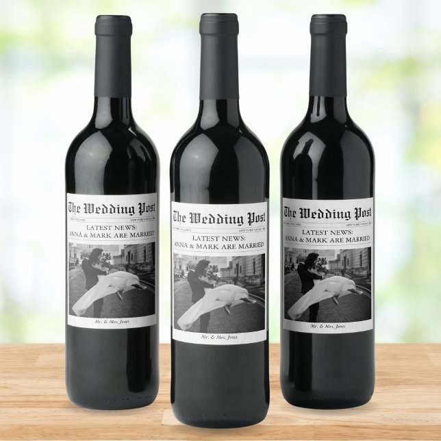 Newspaper Unique Photo Wedding Wine Label (Newspaper Custom Wedding Wine Labels)