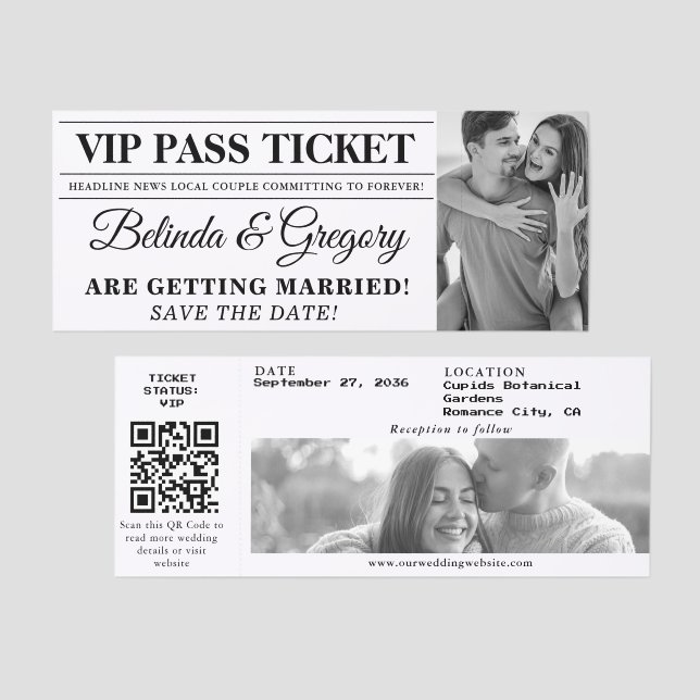 Newspaper VIP Access Ticket Wedding Save the Date (Front/Back)