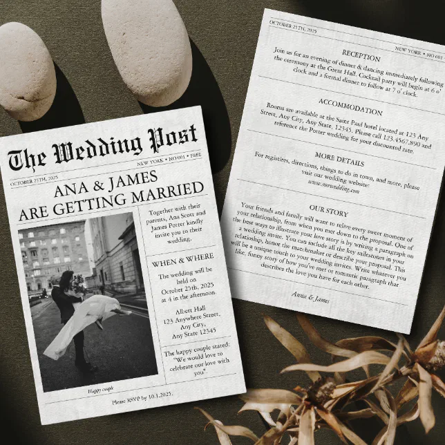 Newspaper Wedding Invitation Details Photo | Zazzle