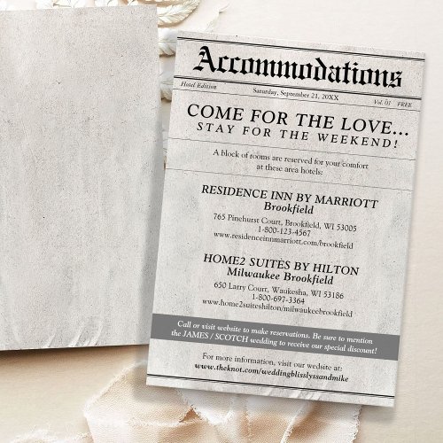Newspaper Wedding Invitation Hotel Enclosure Card