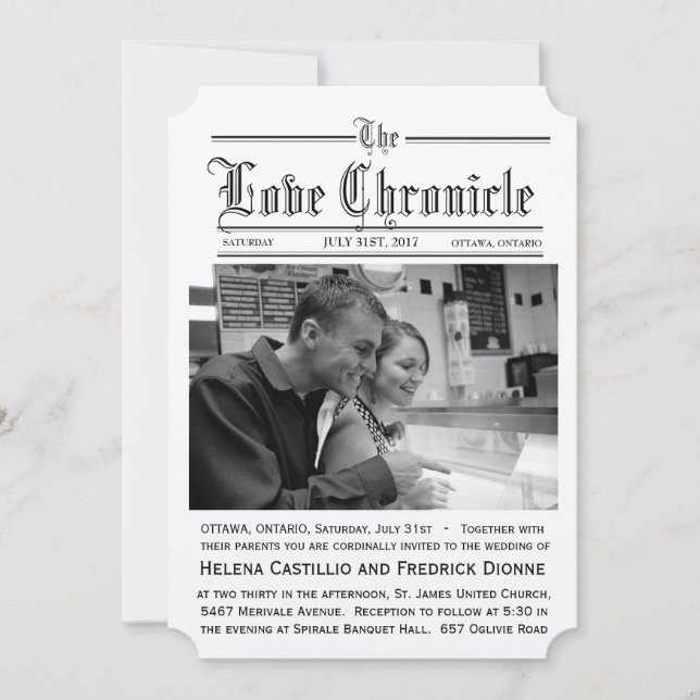 Newspaper Wedding Invitation with ticket edges (Front)