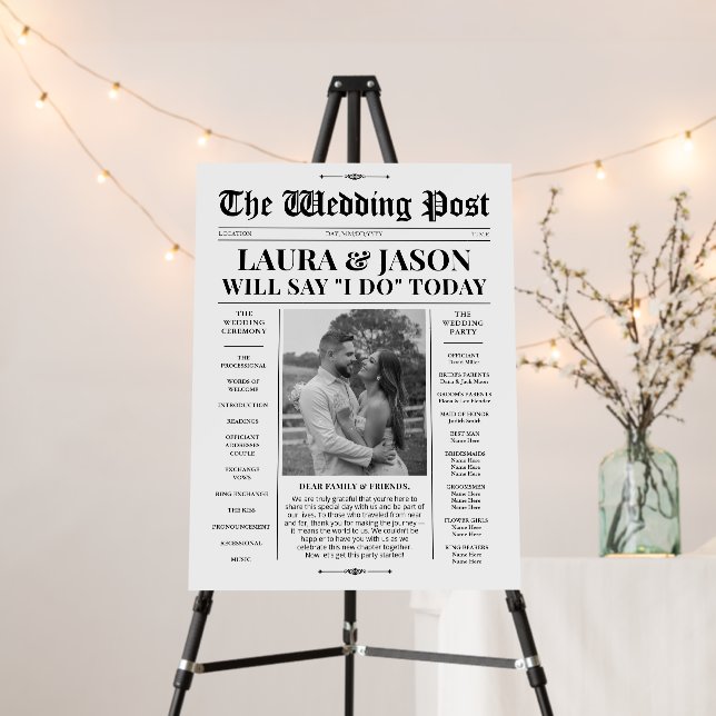 Newspaper Wedding Itinerary Timeline Welcome Sign (In Situ (Stand))