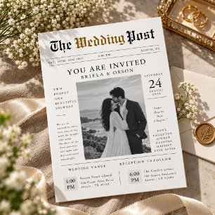 Newspaper Wedding Modern Black & White Photo Invitation
