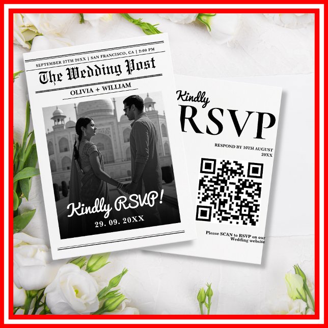 Newspaper Wedding Modern Elegant QR Code RSVP Card (Creator Uploaded)