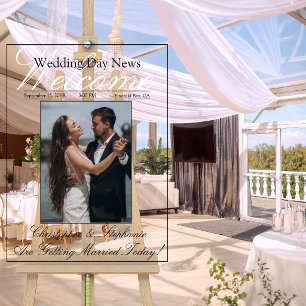 Newspaper Wedding Modern Script One Photo Welcome Acrylic Sign