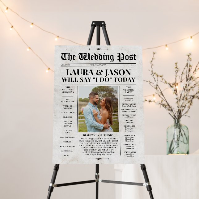 Newspaper Wedding Program Timeline Welcome Sign (In Situ (Stand))