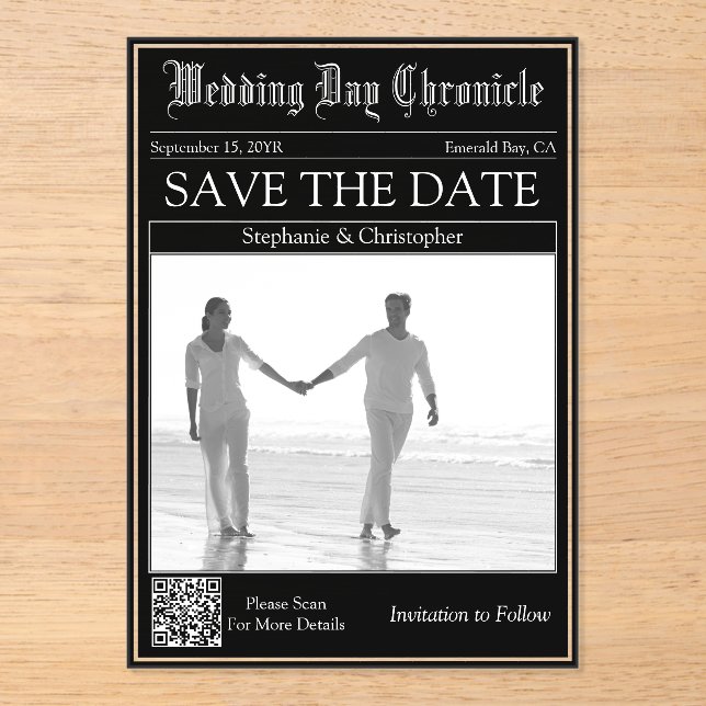 Newspaper Wedding QR code Acrylic Save the Date (Front)