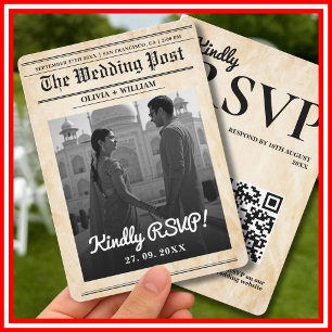 Newspaper Wedding Rustic Elegant QR Code RSVP Invitation