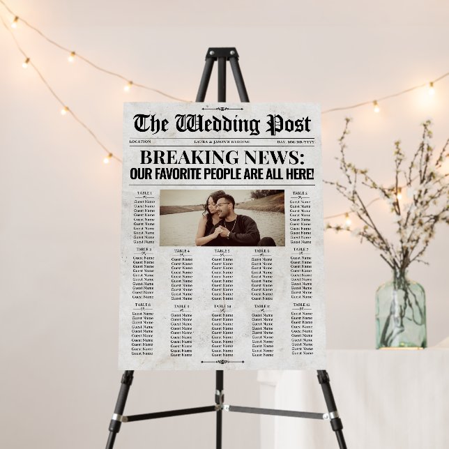 Newspaper Wedding Seating Chart Photo Welcome Sign (In Situ (Stand))