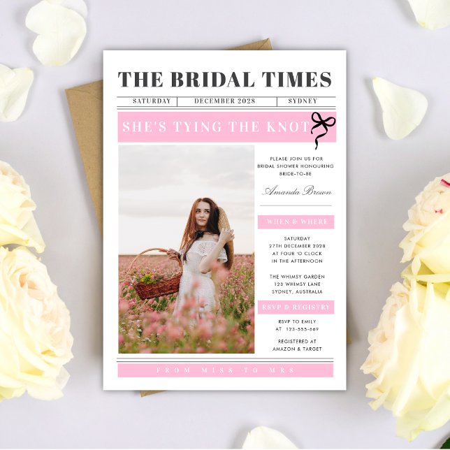 Newspaper Wedding Unique Pink Bridal Shower Invitation (Creator Uploaded)