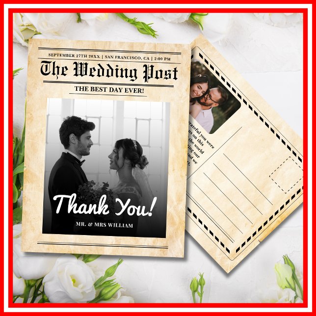 Newspaper Wedding Unique Rustic Elegant Thank You Postcard (Creator Uploaded)