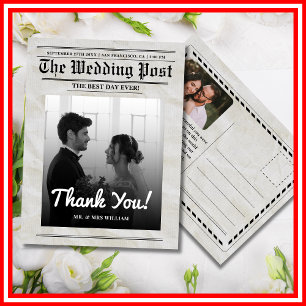 Newspaper Wedding Unique Vintage Elegant Thank You Postcard