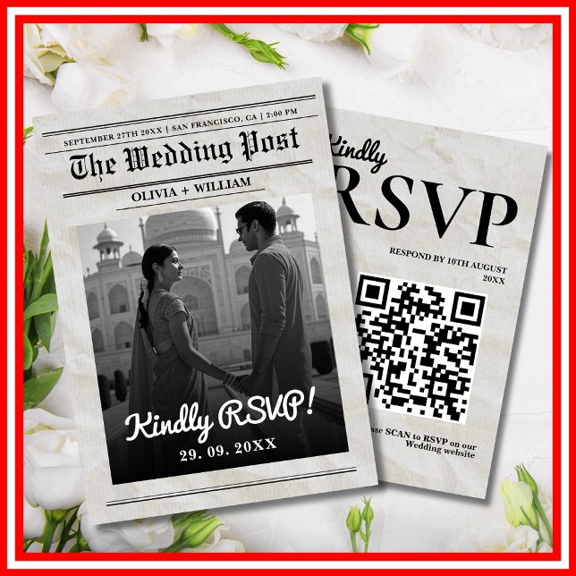 Newspaper Wedding Vintage Elegant QR Code RSVP Card (Creator Uploaded)