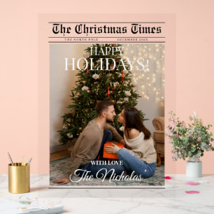 Newspaper What A Year Black White Photo Christmas Acrylic Sign