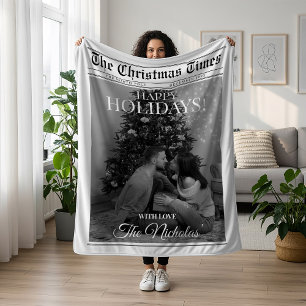 Newspaper What A Year Black White Photo Christmas Fleece Blanket