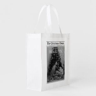 Newspaper What A Year Black White Photo Christmas Grocery Bag