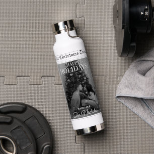 Newspaper What A Year Black White Photo Christmas Water Bottle