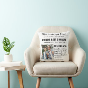 Newspaper World's Best Grandpa Photo Black White Throw Pillow