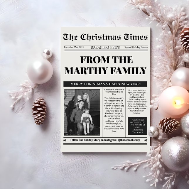 Newspaper Year in Review Black and White Photo  Holiday Card (Newspaper Year in Review Black and White Photo Holiday Card)