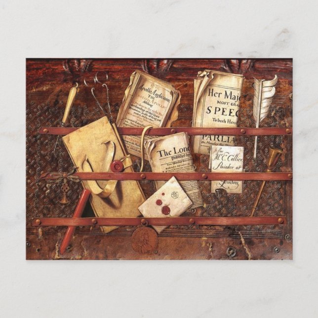 Newspapers, letters and writing implements postcard (Front)