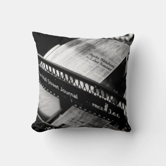 NEWSPAPERS ON THE WALL STREET JOURNAL RACK THROW PILLOW (Front)
