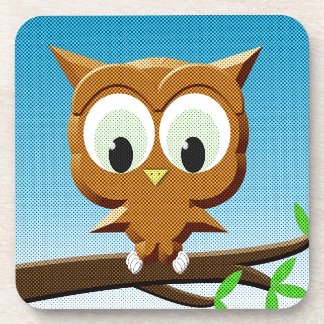 Newsprint Cartoon Owl Beverage Coaster (Front)