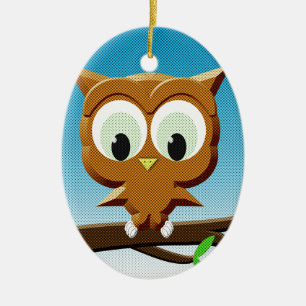 Newsprint Cartoon Owl Ceramic Ornament