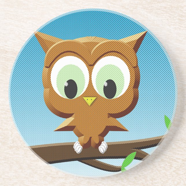 Newsprint Cartoon Owl Drink Coaster (Front)