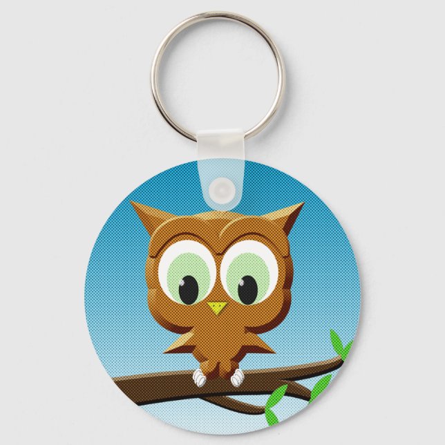 Newsprint Cartoon Owl Keychain (Front)