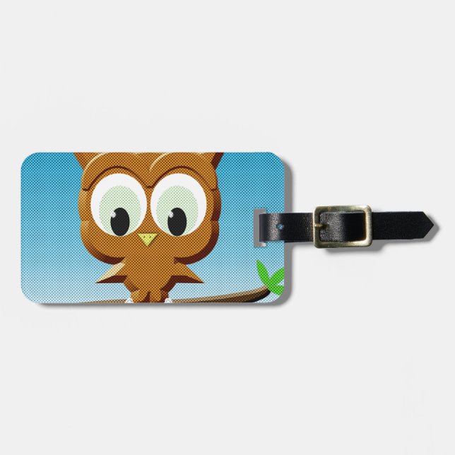 Newsprint Cartoon Owl Luggage Tag (Front Horizontal)