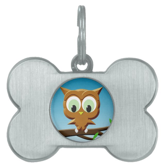 Newsprint Cartoon Owl Pet Name Tag (Front)