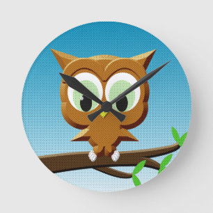 Newsprint Cartoon Owl Round Clock