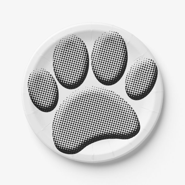 Newsprint Halftones Cartoon Dog Paw Prints Paper Plates (Front)