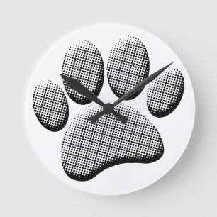 Newsprint Halftones Cartoon Dog Paw Prints Round Clock