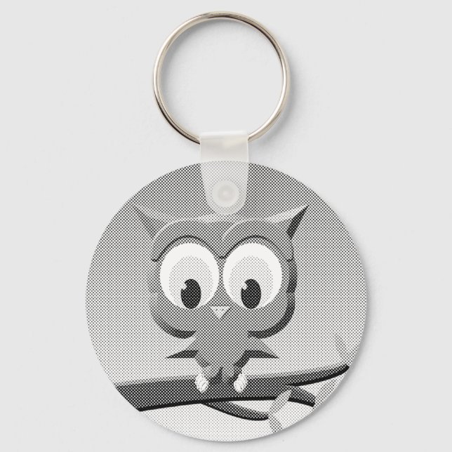 Newsprint Owl In Black And White Keychain (Front)