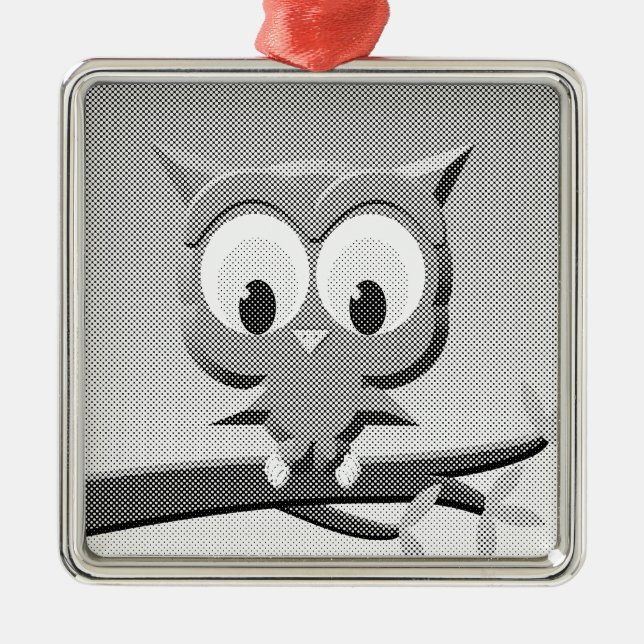 Newsprint Owl In Black And White Metal Ornament (Front)