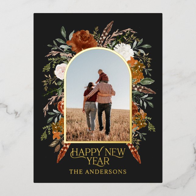 Newyear budget botanical elegant black traditional foil holiday postcard (Front)