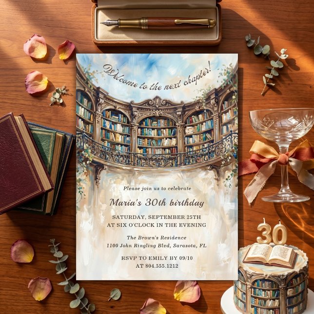 Next Chapter Grand Library Book Theme Birthday Invitation (Next Chapter Vintage Grand Library Book Theme Birthday Party)