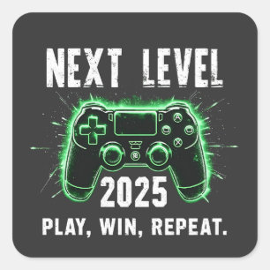 Next Level 2025 Play Win Repeat Funny Gaming Gamer Square Sticker