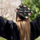 Next Stop Law School | Custom Class Year Graduation Cap Topper<br><div class="desc">Cute grad cap topper for the future attorney features "next stop: law school" in white brush script lettering on a black background adorned with pink watercolor flowers and green foliage. Personalize with your school and class year.</div>