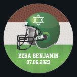 NFL American Football Bar Mitzvah Classic Round Sticker<br><div class="desc">Brown, green, and white American football Bar Mitzvah favor or envelope seal stickers. These American football Bar Mitzvah favor or envelope seal stickers feature a brown leather dimpled background that looks like the leather of a football, a white dimpled leather stripe and a green grass looking football field. This green,...</div>