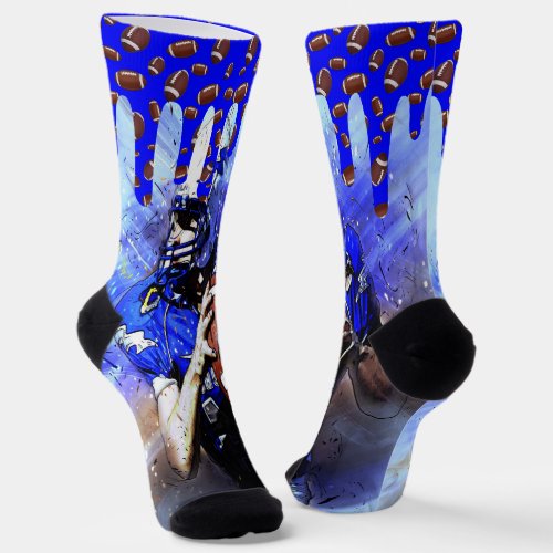NFL Player Drippings Rugby Balls Blue Socks